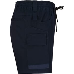 Unisex cotton stretch drill work shorts in navy, featuring an elastic waistband and side pocket.