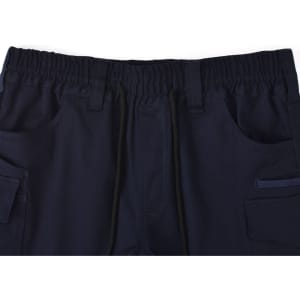 Navy unisex cotton stretch drill work shorts with an elastic waistband and multiple pockets. Features a logo.