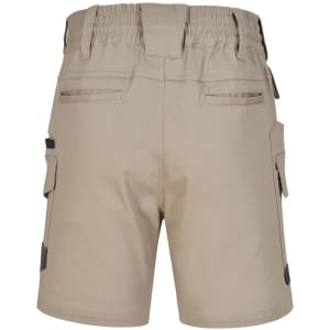 Beige unisex cotton stretch work shorts featuring an elastic waistband and multiple pockets, with a logo present.