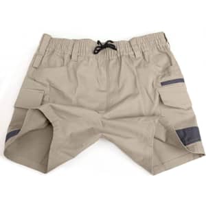 Unisex khaki stretch drill work shorts with elastic waistband and cargo pockets, featuring a contrasting dark detail.