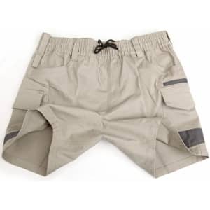 Beige unisex cotton stretch drill work shorts with an elastic waistband and pockets. The shorts have a logo and contrasting details.
