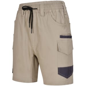 Unisex cotton stretch drill work shorts in beige with navy detailing and multiple pockets. Features an elastic waistband.