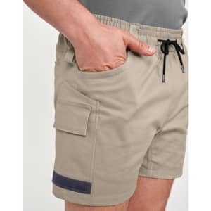 Unisex cotton stretch drill work shorts in khaki, featuring side pockets and a drawstring waistband.