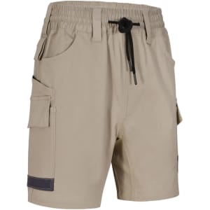 Unisex cotton stretch drill shorts in beige with pockets and an elastic waistband. Features branding.