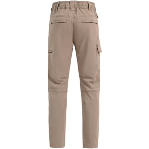 Flexi work pants in a light brown colour, featuring back and side pockets, with an elastic waistband.