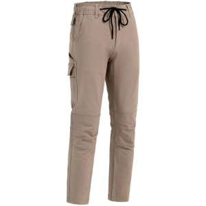 A pair of beige work pants with elastic waistband, drawstring, and cargo pockets on the sides.