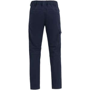 Navy blue water-repellent work pants featuring a flexible design and multiple pockets, with a branded logo.