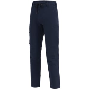 Navy flexi work pants with a water-repellent finish and an elastic waistband. Features a logo on the fabric.
