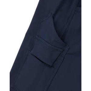 Navy DWR water repellent flexi work pants featuring multiple pockets and a smooth fabric texture.