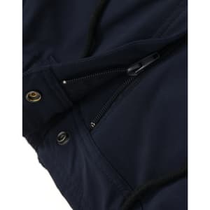 Navy blue water-repellent work pants featuring zippers and pockets, with a logo present on the fabric.