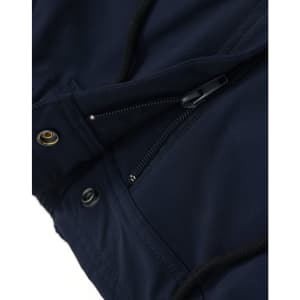 Navy blue DWR water repellent flexi work pants with zippered and buttoned closures, featuring a logo.