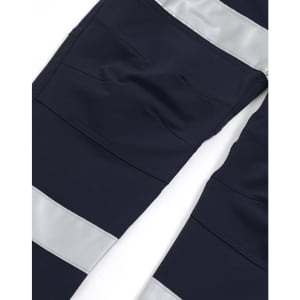 DWR water-repellent flexi work pants in navy with reflective tape accents. Features multiple pockets and a logo.