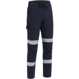 Navy work pants featuring reflective tape, elastic waistband, and multiple pockets for functionality.