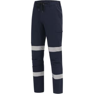 Navy work pants with reflective tape and multiple pockets, featuring a drawstring waist. Includes a logo.