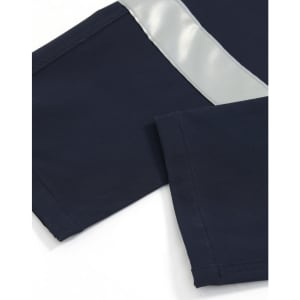Navy water-repellent work pants featuring reflective tape detailing and a sleek design. Includes a logo.