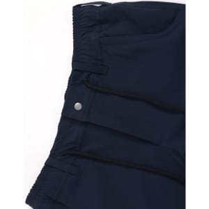 Navy water-repellent flexi work pants with tape detailing, featuring pockets and a smooth waistband. Includes a logo.