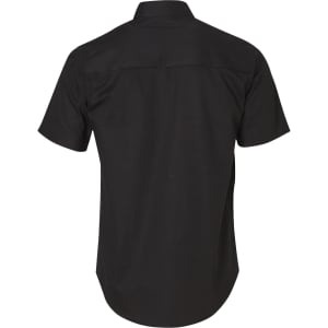 A short-sleeve cotton work shirt in black, featuring a back yoke and a logo.