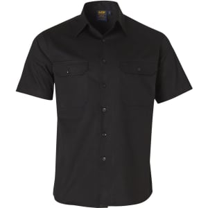 A black short-sleeved cotton work shirt featuring two chest pockets and a logo.