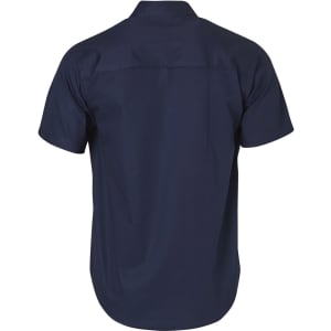 A navy short-sleeve cotton work shirt with a back yoke and one logo.