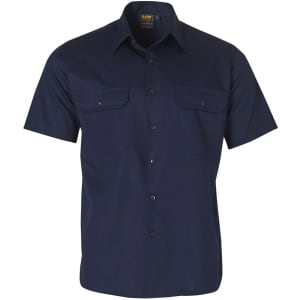 A navy blue short-sleeve cotton work shirt with two chest pockets and a branded label.