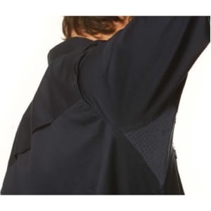 A dark navy long sleeve cotton work shirt featuring mesh detailing on the shoulders, with a logo present.