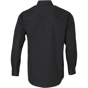 A long-sleeve cotton work shirt in black with a logo on the back.