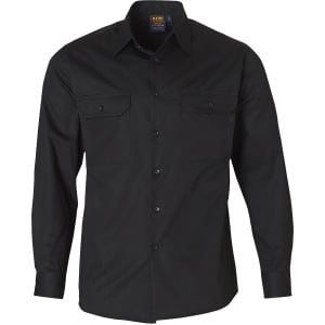 A long-sleeve black cotton work shirt featuring two chest pockets and a button-up front, with a logo on the label.