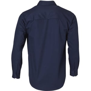 A navy long-sleeve cotton work shirt with a back yoke and buttoned cuffs. Features a logo.