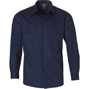 A navy long-sleeve cotton work shirt with two front pockets and a button-up front. It features a logo on the label.