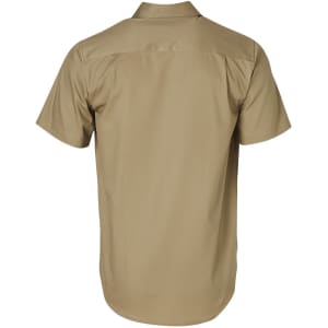 A short-sleeved khaki shirt with a pocket, featuring a plain back design and a collar. It has a logo on the pocket.