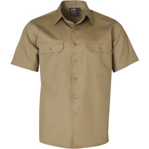 A short-sleeved khaki work shirt featuring two chest pockets and a logo.