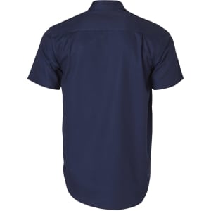 A navy blue short-sleeved work shirt with a pen holder pocket and a branding logo.