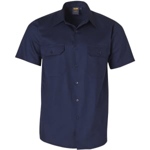 Navy blue short-sleeved work shirt with two front pockets and a logo on the collar.