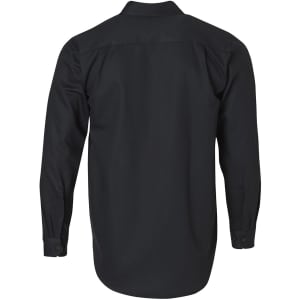 A long-sleeved black work shirt with a back yoke and buttoned cuffs, featuring a logo.