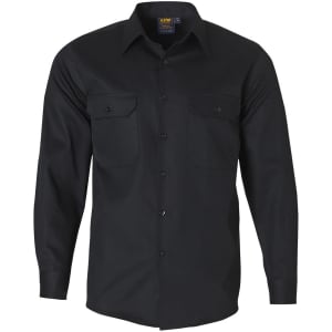 A black long-sleeve work shirt with two front pockets and a logo on the collar.