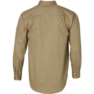 A long-sleeve, khaki work shirt with a back view, featuring buttoned cuffs and a logo on the front.