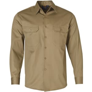 A long-sleeve, khaki work shirt featuring two chest pockets and a button-up front, with a logo on the label.