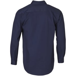 A navy blue long-sleeve shirt with a collared neckline and an upper back yoke, featuring a logo.