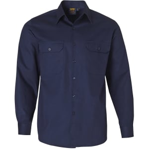 A navy blue long-sleeve shirt with dual chest pockets and a logo on the label. Suitable for workwear.