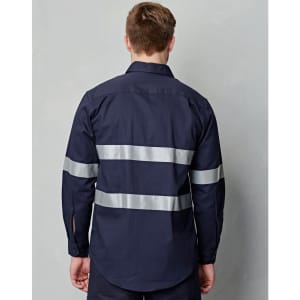 A navy blue long-sleeve work shirt featuring silver 3M reflective tapes on the back, with a logo present.