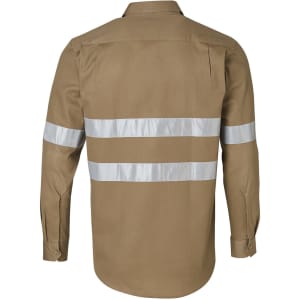 A long-sleeve work shirt in brown featuring reflective 3M tape strips and a logo. Designed for durability and visibility.