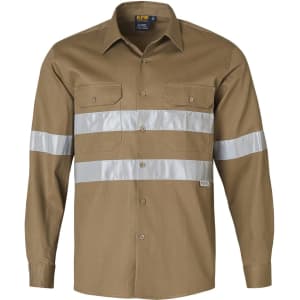 A brown long-sleeve work shirt featuring reflective 3M tape strips and front pockets. Includes a logo.