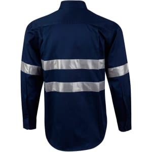 A navy blue long-sleeve work shirt featuring reflective 3M tape stripes and a logo.