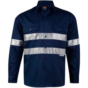 A navy blue long-sleeve work shirt with reflective silver tape and two chest pockets. It features a logo.