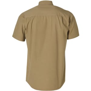 A short sleeve work shirt in a khaki colour, featuring a simple design with a back yoke and a logo.
