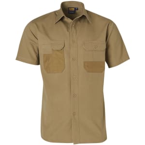 A short sleeve work shirt in khaki with two chest pockets and a logo. It features a classic collar design.