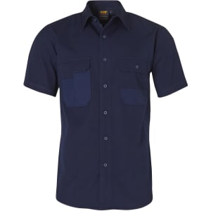 A navy short sleeve work shirt featuring two chest pockets and a branded logo.