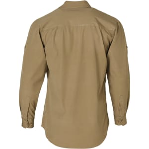 A long sleeve work shirt in a khaki colour with a buttoned cuff and a back yoke, featuring a logo.