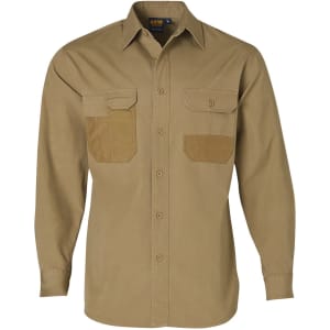 A long sleeve work shirt in khaki with dual chest pockets and a logo. Suitable for workwear.