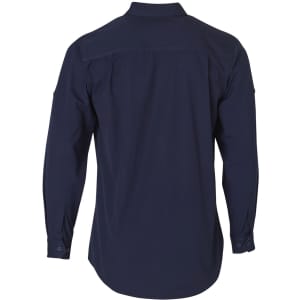 A navy blue long sleeve work shirt with a collar and buttoned cuffs. The back features a simple design and a logo.